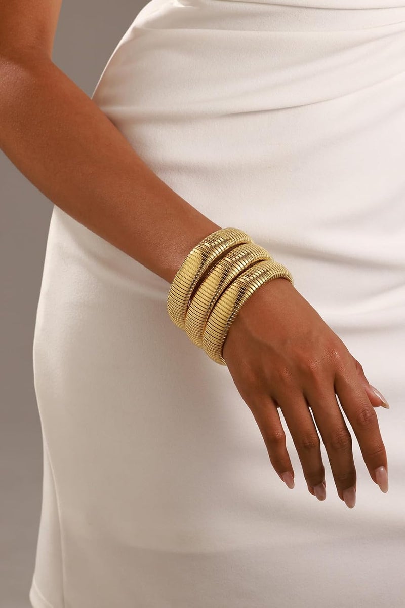 JUNYANGY Gold Bangles for Women Set of 3 Chunky Stretch Bangles Bracelets 24K Gold Plated Stainless Steel Bracelets Flexible Wide Stack Bracelets Designer Look Alike Jewelry for Women - Image 2